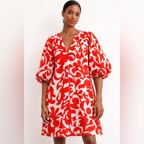 Magaschoni Dresses & Skirts - Magaschoni Linen Puff Sleeve Dress – Poppy Red & White – Size S (NWT)